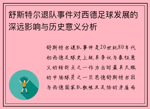 舒斯特尔退队事件对西德足球发展的深远影响与历史意义分析